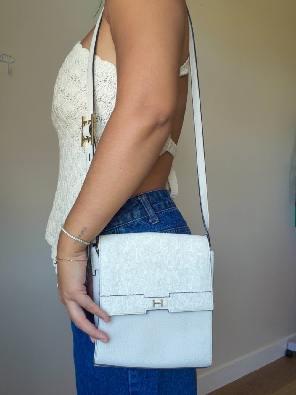 Vintage White Halston Heritage Cross Body Bag with Gold Hardware